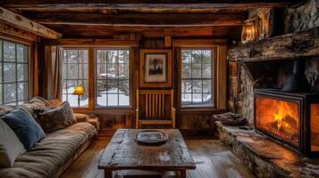 Cozy Cabin Interior with a Fireplace and Snowy Window Views photo