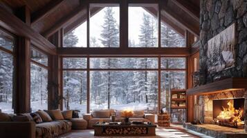 Cozy Cabin Interior with Fireplace and Snowy Forest View photo