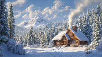 A Cozy Cabin in a Snowy Mountain Forest photo