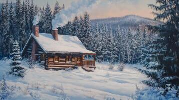A Cozy Log Cabin Nestled in a Snowy Winter Forest photo