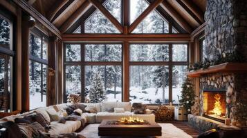 Cozy Cabin Interior with Fireplace and Snowy Forest View photo