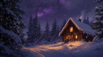 A Cozy Log Cabin in a Snowy Forest Under a Starry Night Sky photo