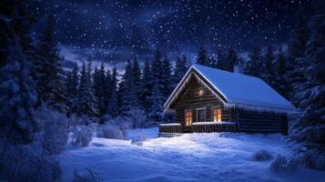 A Cozy Cabin Nestled in a Snowy Forest Under a Starry Night Sky photo