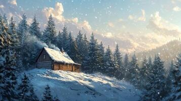 A Cozy Log Cabin Nestled in a Snowy Mountain Forest photo