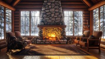Cozy Cabin Interior with Fireplace and Snowy Forest View photo