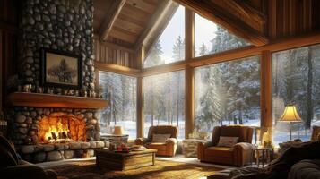 Cozy Cabin Interior with Fireplace and Snowy Forest View photo