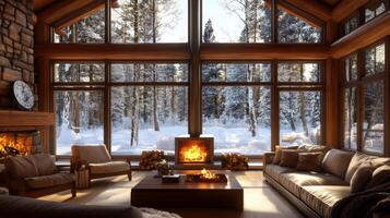 Cozy Log Cabin Living Room with Fireplace and Snowy Forest View photo