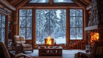Cozy Cabin Interior with Fireplace and Snowy Forest View photo