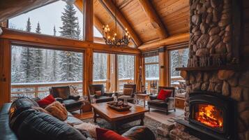 Cozy Log Cabin Living Room with Fireplace and Winter Forest View photo