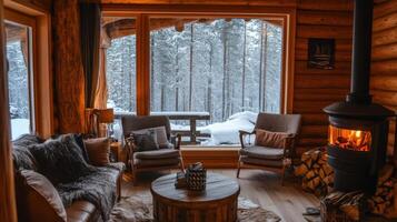 Cozy Cabin Interior with Fireplace and Snowy Forest View photo