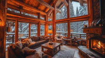 Cozy Log Cabin Interior with Fireplace and Snowy Forest View photo