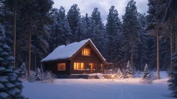 A Cozy Cabin Nestled in a Snowy Forest at Twilight photo