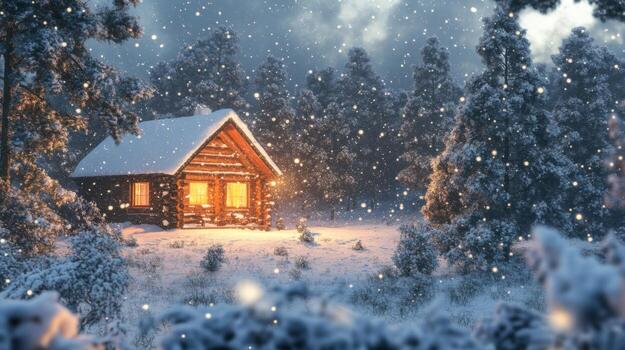 A Cozy Cabin Nestled in a Snowy Forest with Falling Snow photo