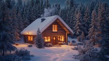 A Cozy Cabin Nestled in a Snowy Forest at Dusk photo