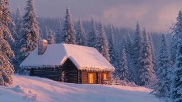 A Cozy Cabin Nestled in a Snowy Forest at Sunset photo