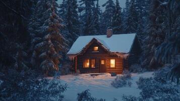 A Cozy Cabin Illuminated in a Snowy Winter Forest photo