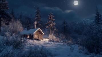 A Cozy Log Cabin Nestled in a Snowy Winter Forest Under a Full Moon photo