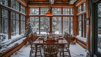 Snowy Winter Cabin Dining Room with a View of the Forest photo