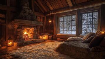Cozy Cabin Interior with Fireplace, Lanterns, and Snowy View photo