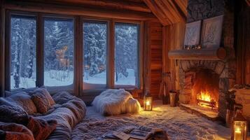 Cozy Cabin Interior with Fireplace and Snowy View photo