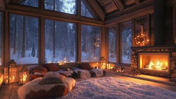 Cozy Cabin Interior with Fireplace and Snowy Forest View photo