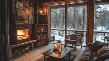 Cozy Cabin Interior with Fireplace, Window View of Snow-Covered Forest, and Lanterns photo