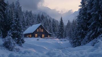 A Cozy Log Cabin Nestled in a Snowy Mountain Forest at Dusk photo