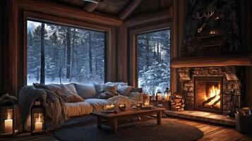 Cozy Cabin Interior with Fireplace and Snowy Winter View photo