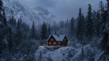 A Cozy Cabin Nestled in a Snowy Mountain Forest photo