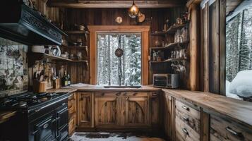 Rustic Cabin Kitchen with Snowy Forest View photo