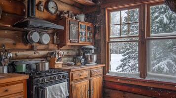 Rustic Kitchen with Snow-Covered Window View photo