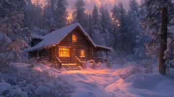A Cozy Cabin Nestled in a Snowy Forest at Sunset photo