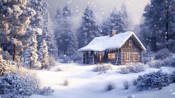 A Cozy Cabin Nestled in a Snowy Winter Forest photo