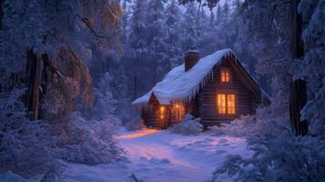 A Cozy Cabin Nestled in a Snow-Covered Forest photo