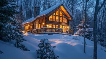 Illuminated Log Cabin in a Snowy Winter Forest photo