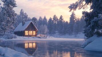 A Cozy Log Cabin Nestled in a Snow-Covered Winter Forest by a Frozen Lake at Sunset photo