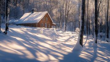 A Cozy Log Cabin Nestled in a Snow-Covered Winter Forest photo