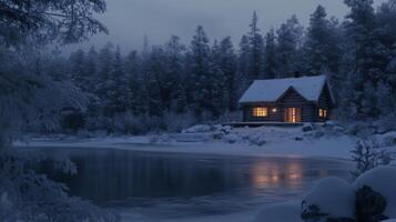 A Cozy Cabin in the Snowy Forest by a Frozen Lake at Twilight photo