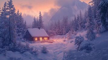 A Cozy Cabin in a Snowy Mountain Forest at Twilight photo