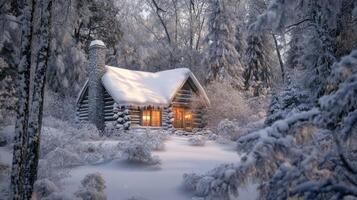 Cozy Log Cabin Nestled in a Snowy Forest photo