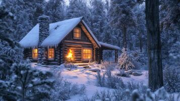 A cozy log cabin nestled in a snow-covered winter forest with a warm fire glowing inside. photo