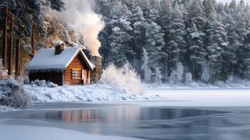A Snowy Log Cabin With Smoke Rising From Its Chimney In A Winter Forest Beside A Frozen Lake photo