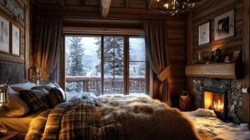 Cozy Cabin Bedroom with Fireplace and Snowy View photo