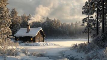 A Cozy Cabin Nestled in a Snowy Winter Forest photo