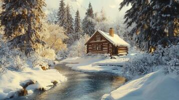 A Snowy Winter Wonderland with a Cabin by a Stream photo