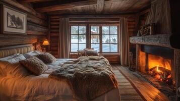 Cozy Cabin Bedroom with a Fireplace and Winter View photo