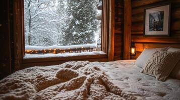 Cozy Cabin Bedroom with Snow-Covered Winter View photo