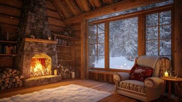 Cozy Cabin Interior with Fireplace and Snowy Window View photo