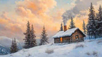 A Cozy Cabin in the Snowy Wilderness with a Sunset Sky photo