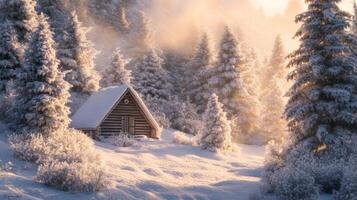 A Cozy Cabin Nestled Amidst a Snowy Forest at Golden Hour photo